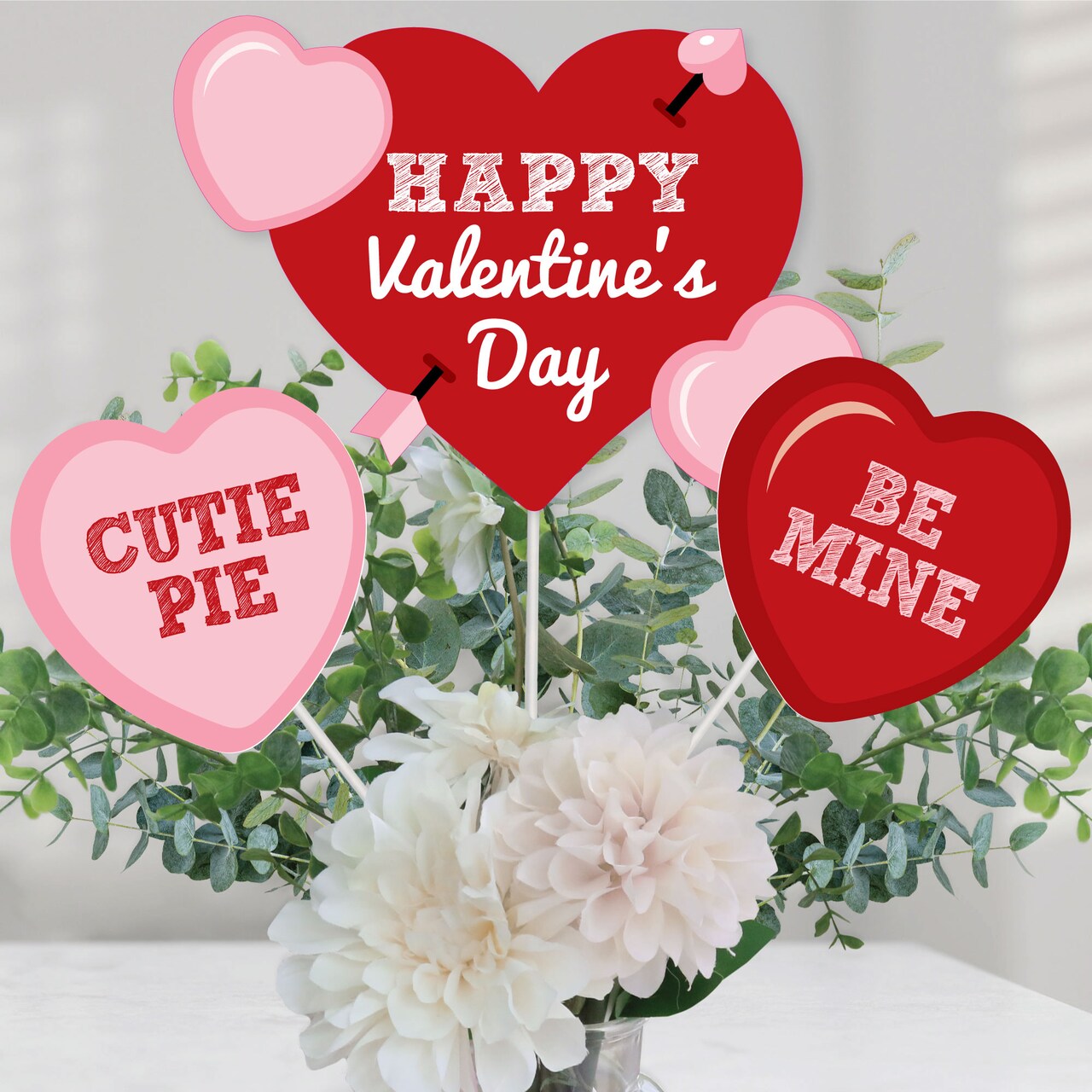 Big Dot of Happiness Conversation Hearts - Valentine's Day Party Centerpiece Sticks - Table Toppers - Set of 15
